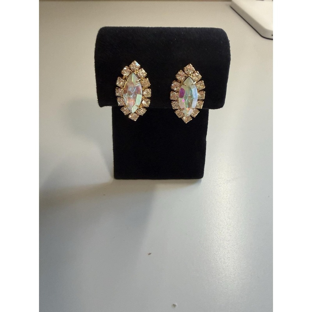 Iridescent Rhinestone Earrings - Prong Set - Clip On